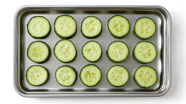 Fresh cucumber slices arranged neatly on a rectangular metal tray showcasing their green rinds and seedy interiors.