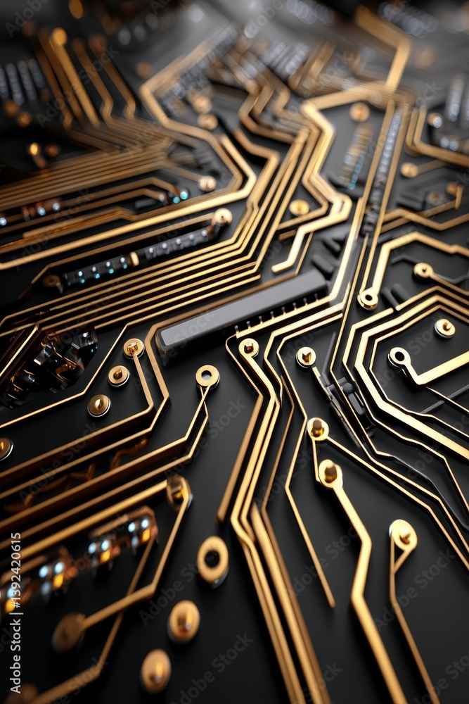 Poster a tech science background sets the stage for a macro closeup of the backside of a computer pcb mothe