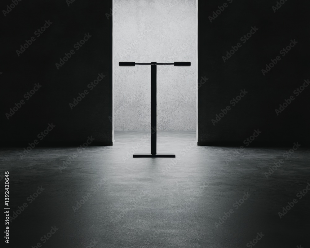 Poster a minimalist black structure stands in a dimly lit space, creating a stark contrast with the surroun
