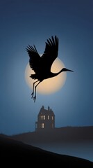 Silhouette of a stork flying against a moonlit sky towards a house - pattern seamless texture