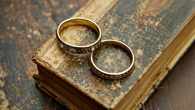 Two wedding rings on old book with worn covers, conveying concepts of commitment, marriage, legacy, traditions, and timeless love