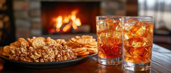 Enjoy cozy warmth by the fire Sip drinks from glasses with ice. Plates overflow with food, chips, and snacks to share.