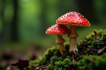Fototapeta premium individual bright red poisonous mushrooms sprouting from the underbrush, forest undergrowth, poisonous mushrooms
