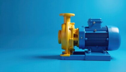 Industrial electric pump with asynchronous motor on blue background, power generation, machinery