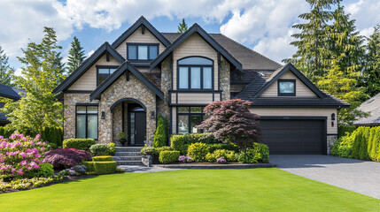 Elegant suburban home with spacious front yard and lush greenery