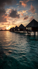 Overwater bungalows at sunset, reflecting golden light on calm water, showcasing tropical vacation serenity and idyllic escape