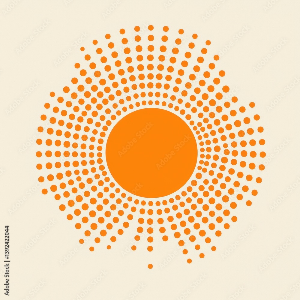 Poster a vibrant circular design featuring concentric dots radiating from a central orange circle, set agai