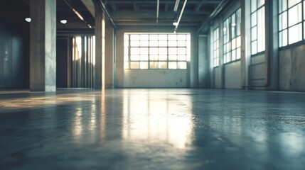 Empty Industrial Room, Sunlight, Windows, Concrete Floor, Interior, Architecture, Spacious, Modern, Design, Light