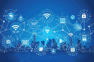 Digital network connections over a city skyline illustration.