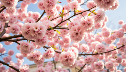 Blooming cherry blossoms against a clear blue sky  