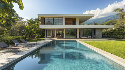 Modern villa with pool and lush garden, featuring sleek architecture