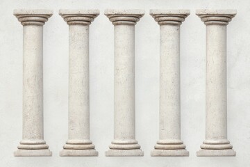 Naklejka premium A collection of five elegant white columns, showcasing classical architectural design against a neutral background.