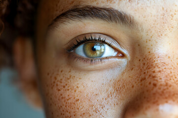 Close up of a face with hazel eye and freckles skin