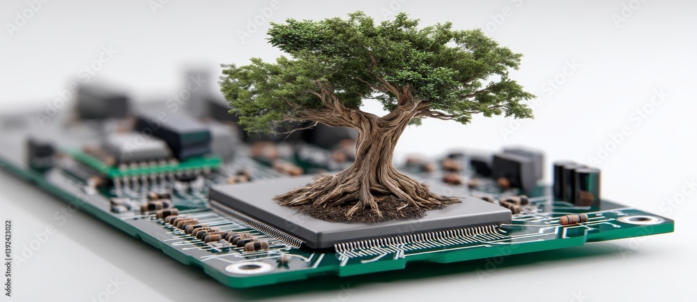 Poster on a computer chip, a green tree with a circuit board and roots that look like wires showcases the i