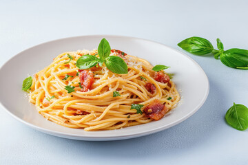High-angle capture of steaming plate of homemade spaghetti tossed with fresh tomatoes and fragrant basil for a delightful meal