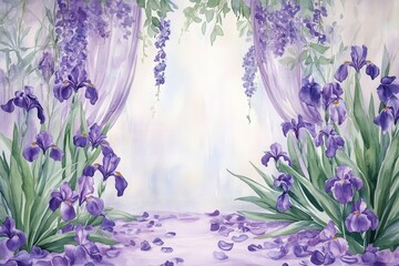 Purple Iris Scene: An exquisite depiction of purple iris flowers artfully arranged with long curtain drapes, creating a serene and artistic vision of tranquility and delicate beauty.