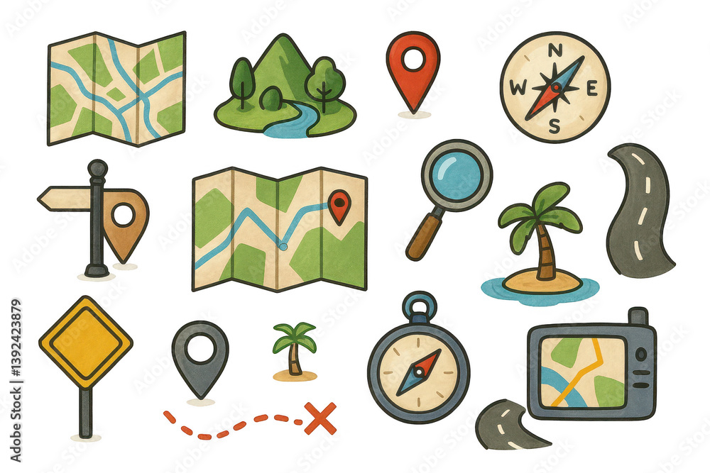 Poster colorful elements for map creation and exploration visuals