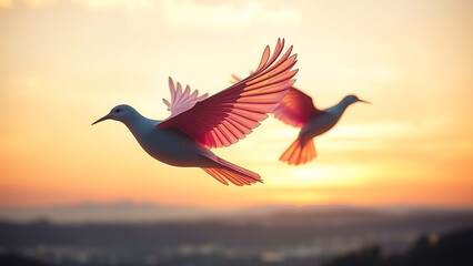 Fototapeta premium Show books transforming into birds, soaring through the sky, symbolizing the freedom and imagination that reading brings. The scene should have a dreamy, poetic, and soft color palette