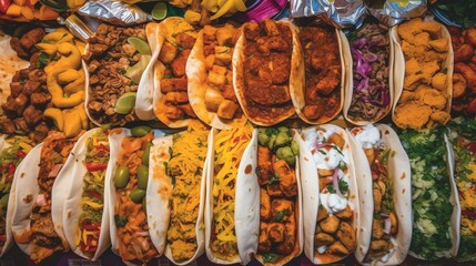 A colorful array of tacos with diverse fillings are displayed in a vibrant overhead shot.  Perfect for food blogs, restaurant menus, or any culinary project.