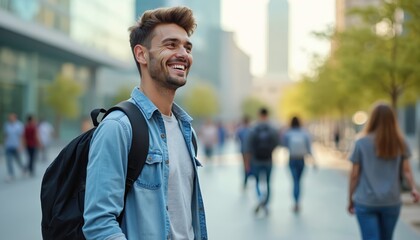 Fototapeta premium Smiling young man in casual denim shirt walks in urban setting with backpack, enjoying city lifestyle. Happy student in sunny environment. Confident, friendly, stylish, carefree, enjoying urban