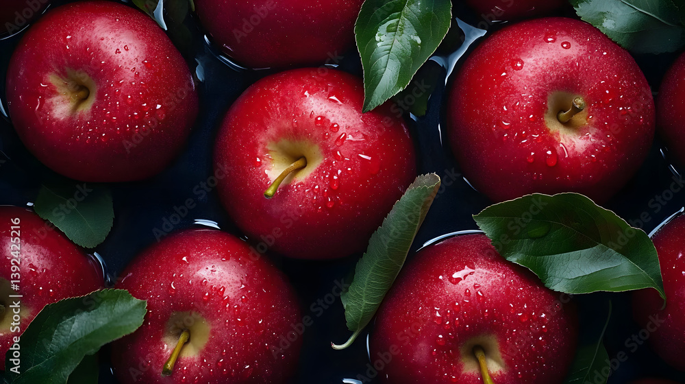 Poster red apples with leaves, closeup with top view, red apple patterns, top view of bright ripe fragrant 