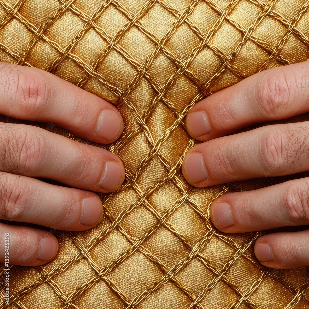 Poster A close-up image of hands resting on a textured, golden surface, showcasing intricate patterns and a plush appearance.