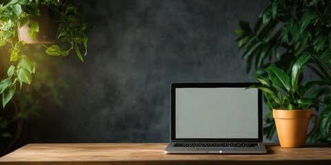 Minimalist Remote Work Sanctuary Biophilic Home Office Setup with Modern Laptop, Natural Wood Textures, and Urban Jungle Wellness Aesthetic for Digital Professionals