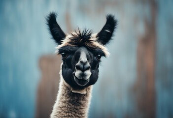 Obraz premium background showing tongue funny black alpaca llama blue isolated portrait farm exotic show mammal postcard closeup cute nature face animal country farming peru lama head wool