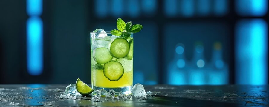 Refreshing cocktail with cucumber slices. Drink with ice, lime, mint. Alcoholic beverage at bar counter in nightclub. Summer cooler with gin and tonic water.
