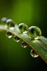 Multiple droplets of varying sizes cling to a blade of grass, showcasing different shapes and reflections - seamless texture background abstract pattern
