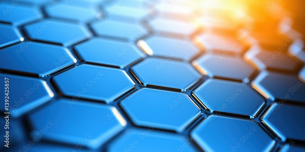Poster blue hexagonal pattern showcases intricate geometric design reflecting light in a modern aesthetic e