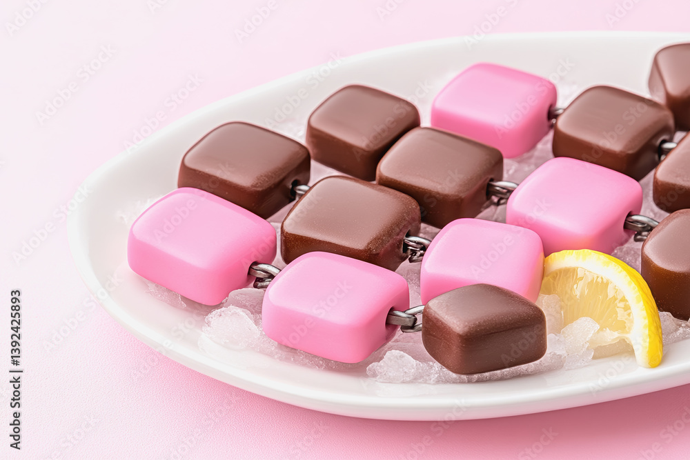 Poster overhead capture of an exquisite platter featuring decadent chocolates and zesty lemon slices for el