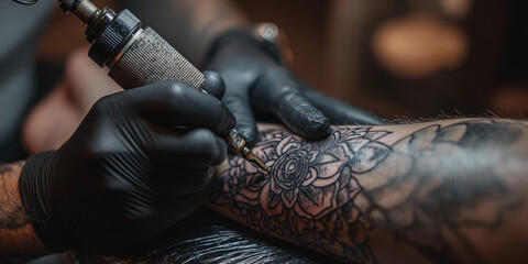 Close-up of a tattoo artist's gloved hands using a tattoo machine on a client's arm, depicting a floral tattoo design, showcasing the intricate detail and precision of the process.