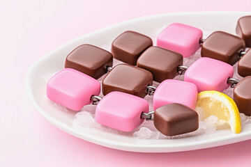 Overhead capture of an exquisite platter featuring decadent chocolates and zesty lemon slices for elegant presentation