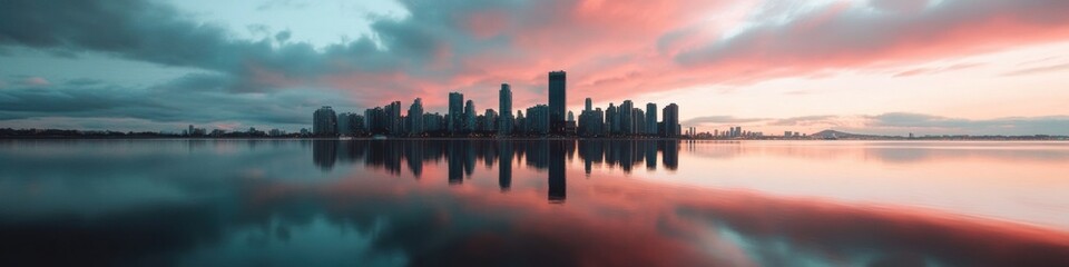 Obraz premium Urban Resilience Panorama Montreals Transformative Skyline - Architectural Innovation Meets Climate-Adaptive Design in Cinematic Waterfront Reflection