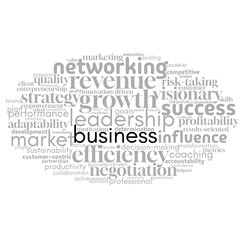 A professional word cloud focused on business, featuring terms related to entrepreneurship, strategy, success, and growth. Ideal for representing business concepts, corporate dynamics, and professiona