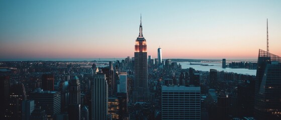 Obraz premium Urban Freedom Panorama Cinematic New York City Skyline Sunset - Digital Nomad Lifestyle, Immersive Metropolitan Exploration and Global Connectivity Narrative