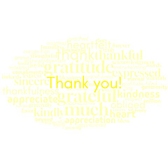 A vibrant word cloud design showcasing expressions of gratitude, featuring "thanks," "thank you," and related terms. Perfect for conveying appreciation, kindness, and positive emotions in various sett