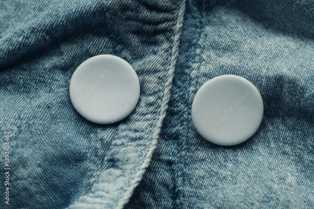 Poster close-up of two blank, circular buttons on blue denim fabric, showcasing texture and free space for 