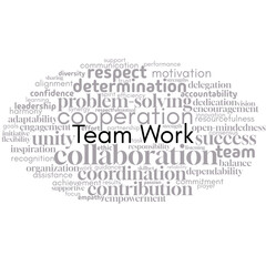 An energizing word cloud focused on teamwork, emphasizing collaboration, cooperation, and mutual support. Perfect for illustrating the power of unity, collective effort, and shared success in professi