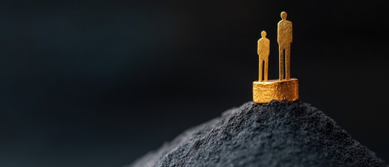 Metallic Leadership Visualization Golden Minimalist Figures Conquering Dark Textural Peak - Innovative Corporate Success Metaphor for Strategic Growth