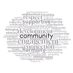word cloud celebrating community, highlighting key elements of unity, support, and collaboration. Perfect for illustrating the power of connection, diversity, and collective effort in building strong 