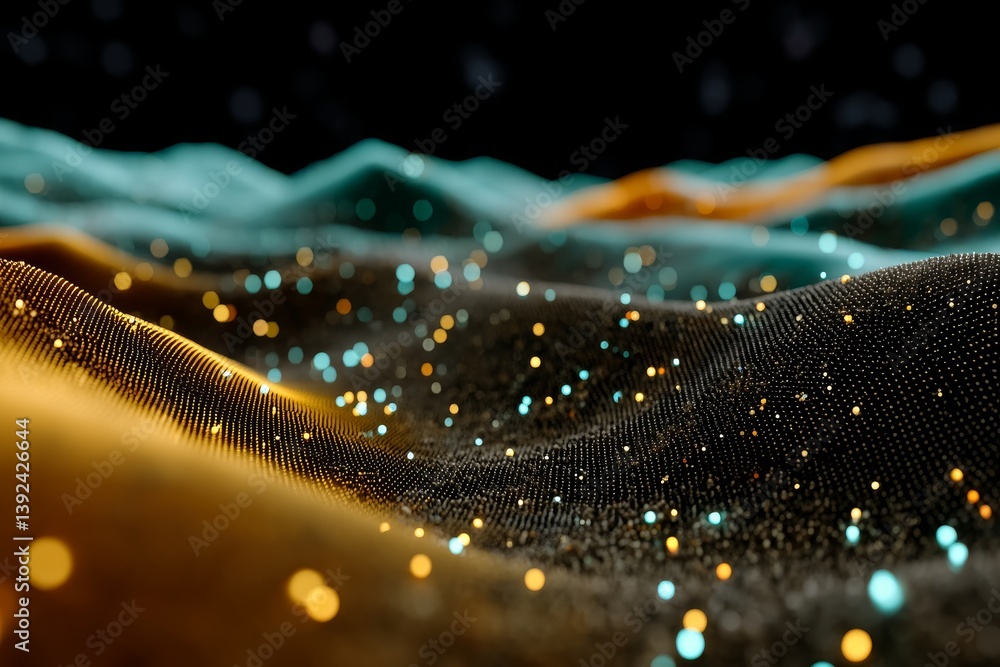 Poster a dark background is created by stock dynamic particles and a flowing sound wave