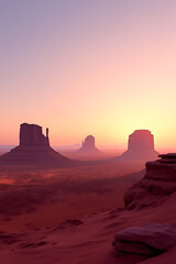 Tranquil desert panorama of Monument Valley at sunrise, glowing pastel sky gradients, layered sandstone formations, clear and peaceful atmosphere