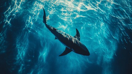 Fototapeta premium Ocean shark swimming, underwater view, sunlight, marine life, wildlife documentary