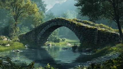 Idyllic stone bridge crossing a serene river in a lush, green landscape