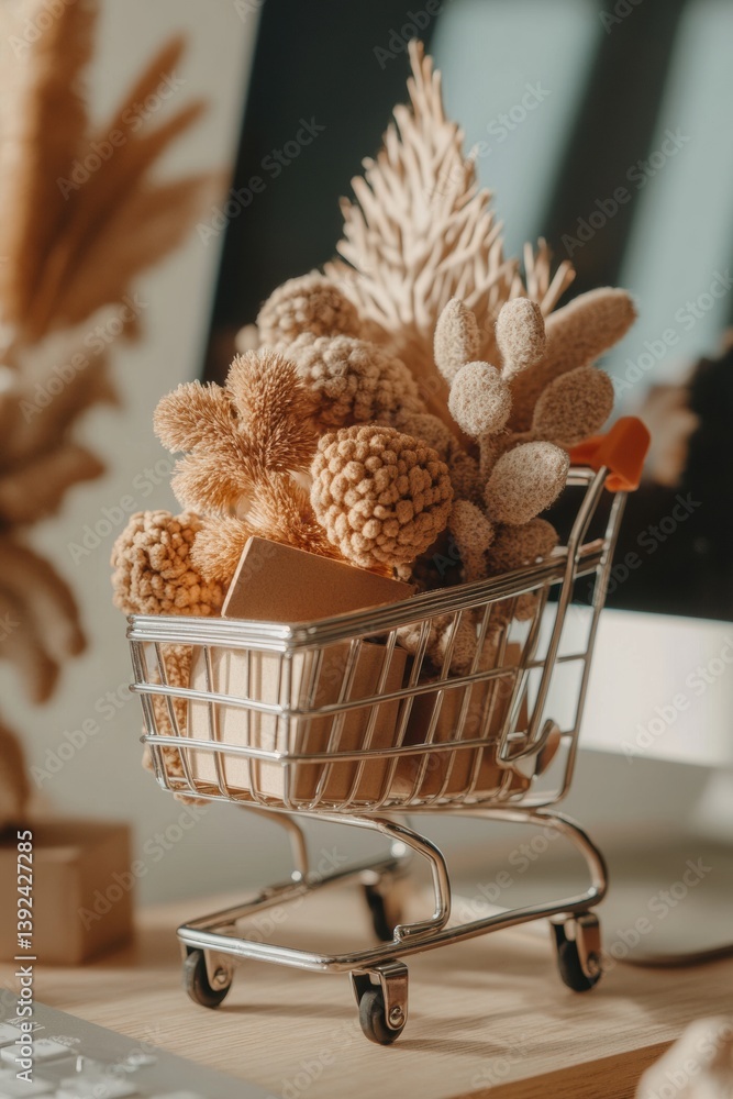 Poster rustic minimal e-commerce scene textural neutral-toned pine cone collection in miniature shopping ca