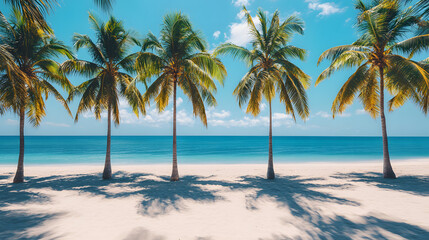 Fototapeta premium beach, palm, sea, tropical, sand, ocean, tree, island, water, paradise, sky, travel, nature, vacation, summer, coconut, sun, landscape, holiday, caribbean, maldives, coast, palm tree, relax, seascape
