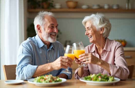 Happy senior couple clink juice glasses at home. Elderly man and woman smiling, enjoying dinner. Healthy lifestyle, romantic relations, family time. Joyful retired life together. - Powered by Adobe