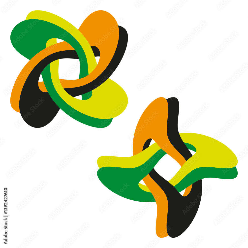 Poster intertwined ribbon form. green orange twist. abstract knot vector. smooth curve structure.